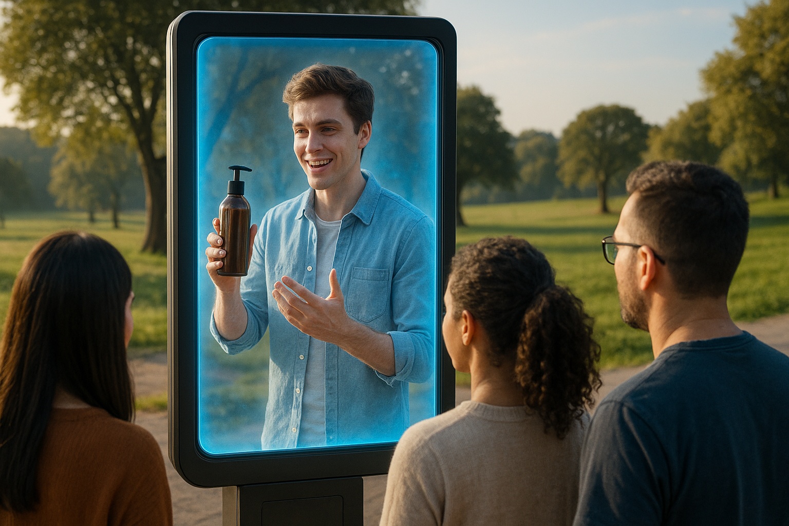 A holographic brand ambassador demonstrates a product in an outdoor setting, engaging viewers through a digital display—representing the future of influencer marketing with holographic technology.