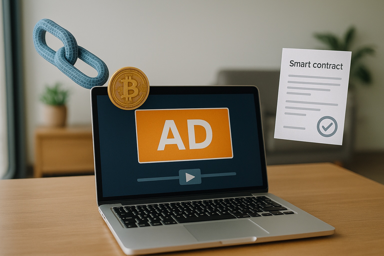 Realistic depiction of a programmatic advertisement setup, featuring a MacBook displaying an ad, with blockchain and smart contract elements visualized beside it.