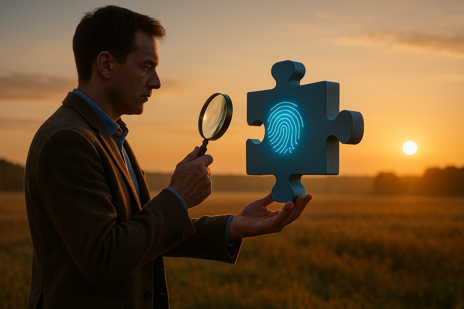 A man examining a glowing fingerprint on a digital puzzle piece at sunrise, symbolizing zero-knowledge proof in privacy-first campaign tracking.