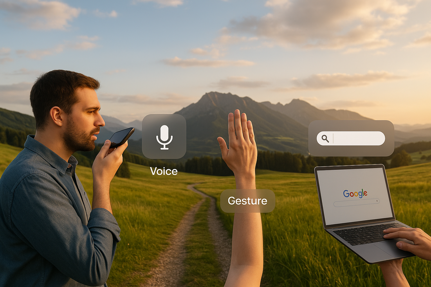 Multimodal SEO, featuring a person interacting with voice, gesture, and text search interfaces on a smartphone, set against a warm sunset backdrop with symbolic digital icons hovering around.”