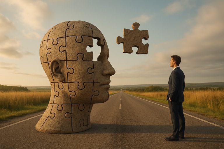 Cookie-Free Tracking: Best 2025 Server-Side Strategies 1 cookie-free tracking concept art featuring a businessman examining a life-sized human head sculpture made of puzzle pieces, symbolizing data control and privacy-first analytics in a cookieless future.