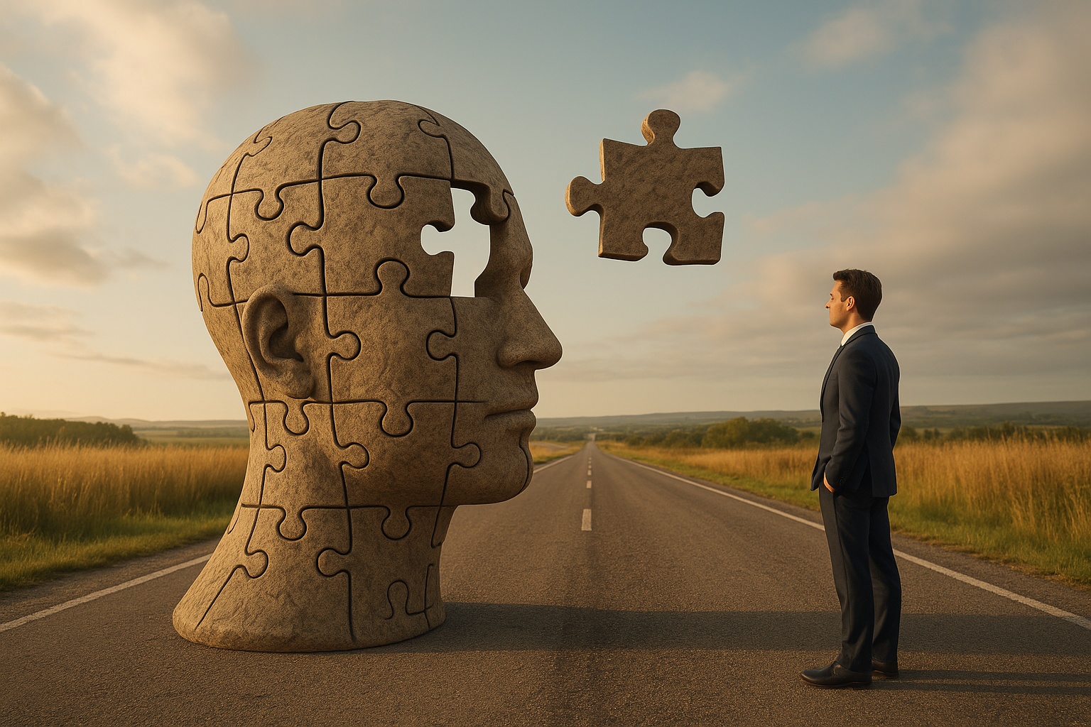 cookie-free tracking concept art featuring a businessman examining a life-sized human head sculpture made of puzzle pieces, symbolizing data control and privacy-first analytics in a cookieless future.